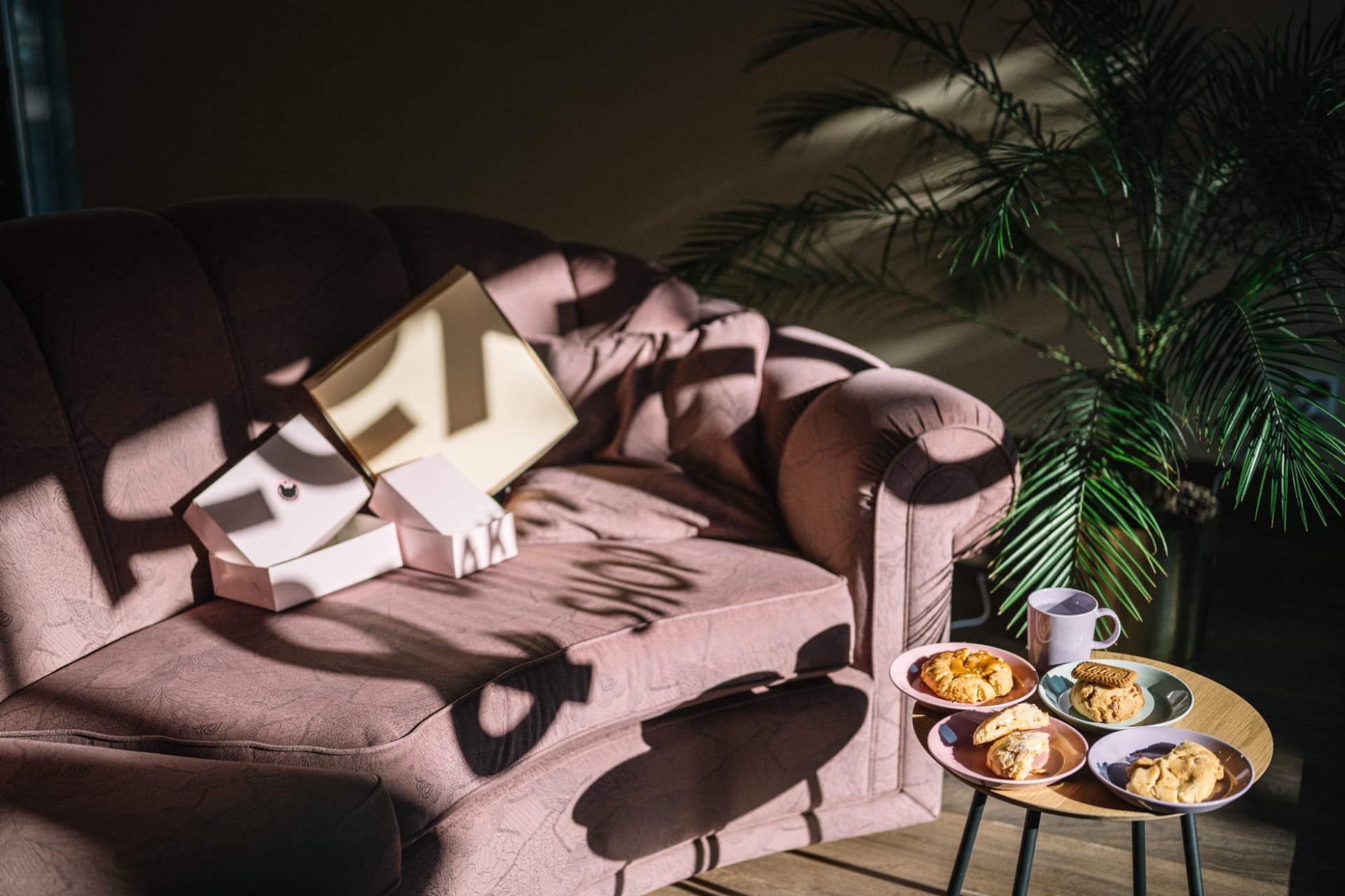 Keksi & Co café interior with a pink sofa, cookie boxes and freshly baked cookies